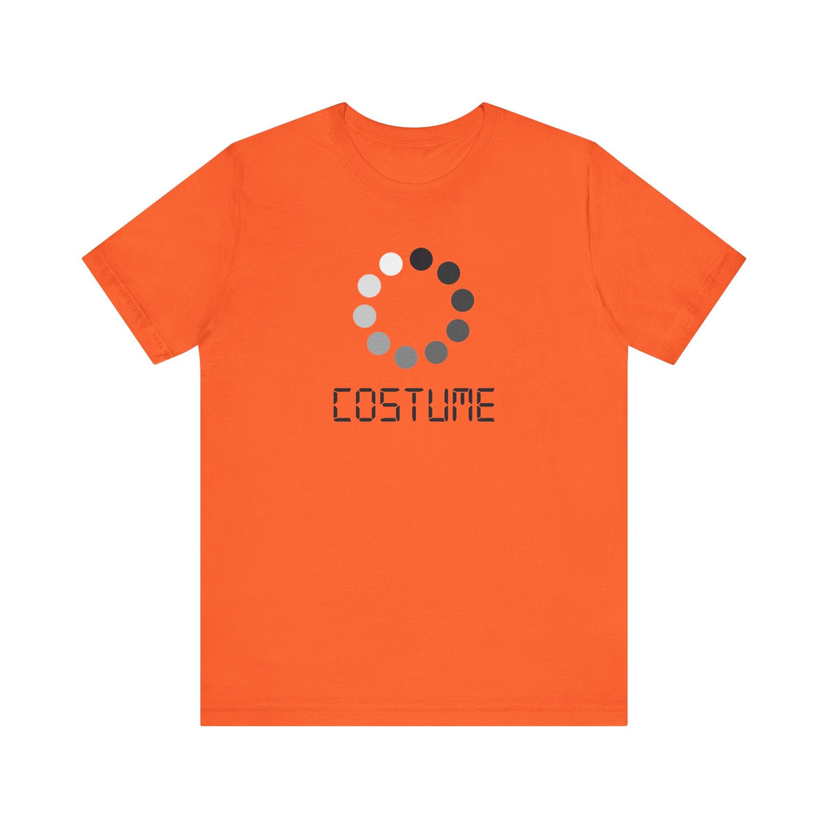 Orange T-shirt with the word Costume beneath a circular loading icon