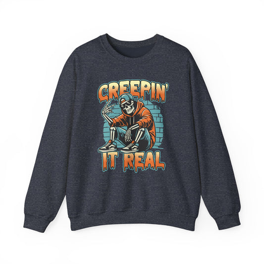 Creepin' It Real Funny Sweatshirt - Funny Skeleton Halloween Crewneck - Fall Season Casual Wear - Unique Gift Idea