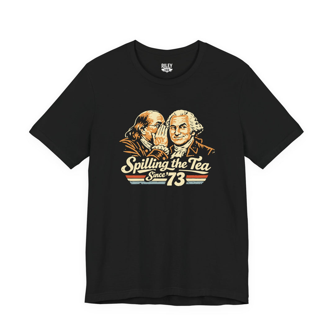 Front view of Spilling the Tea Since '73 Tee worn by model