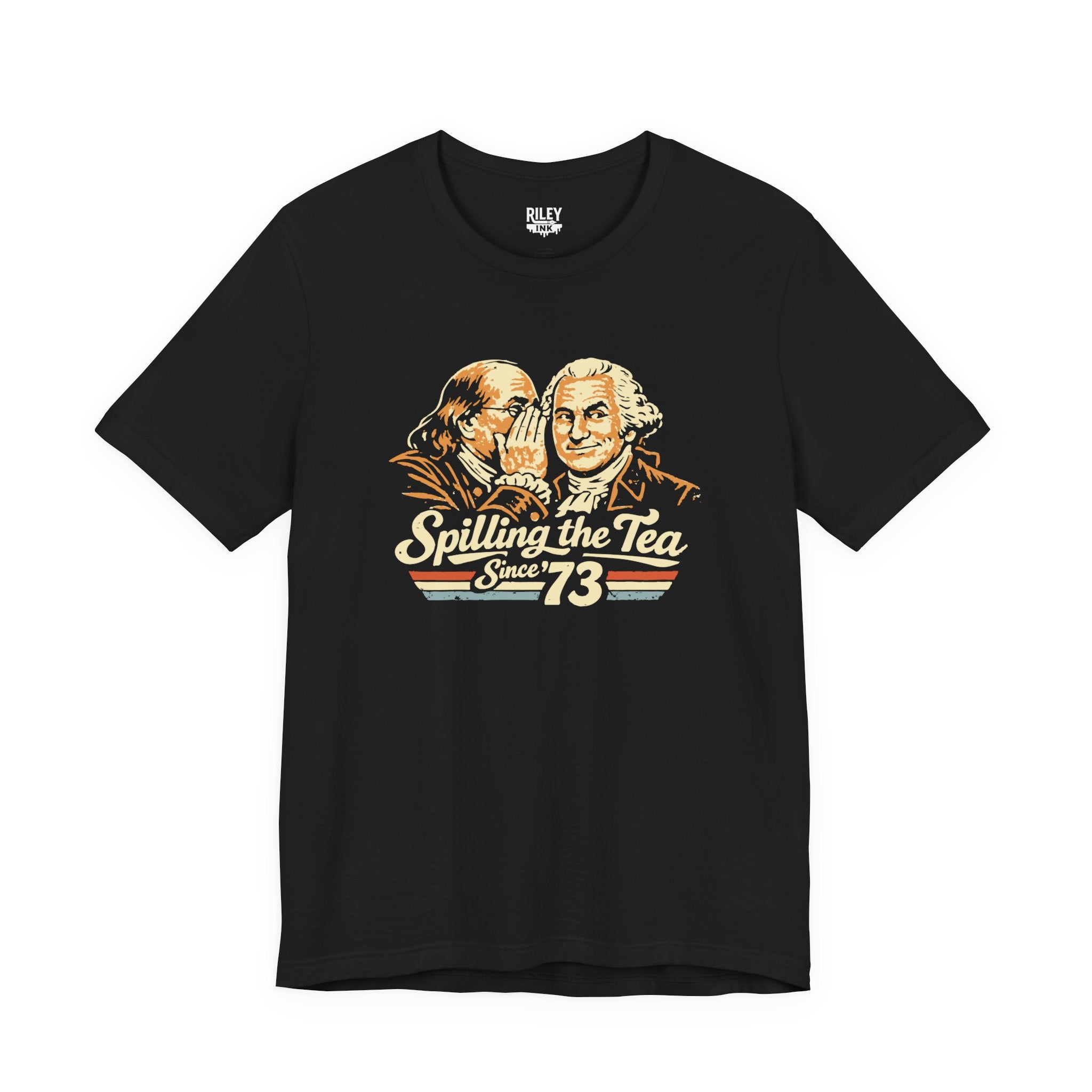 Front view of Spilling the Tea Since '73 Tee worn by model