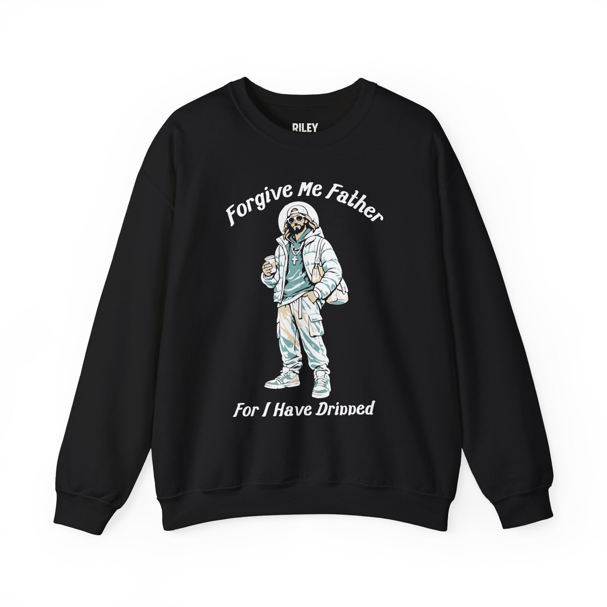 Front view of Forgive Me Father for I Have Dripped Crewneck worn by model