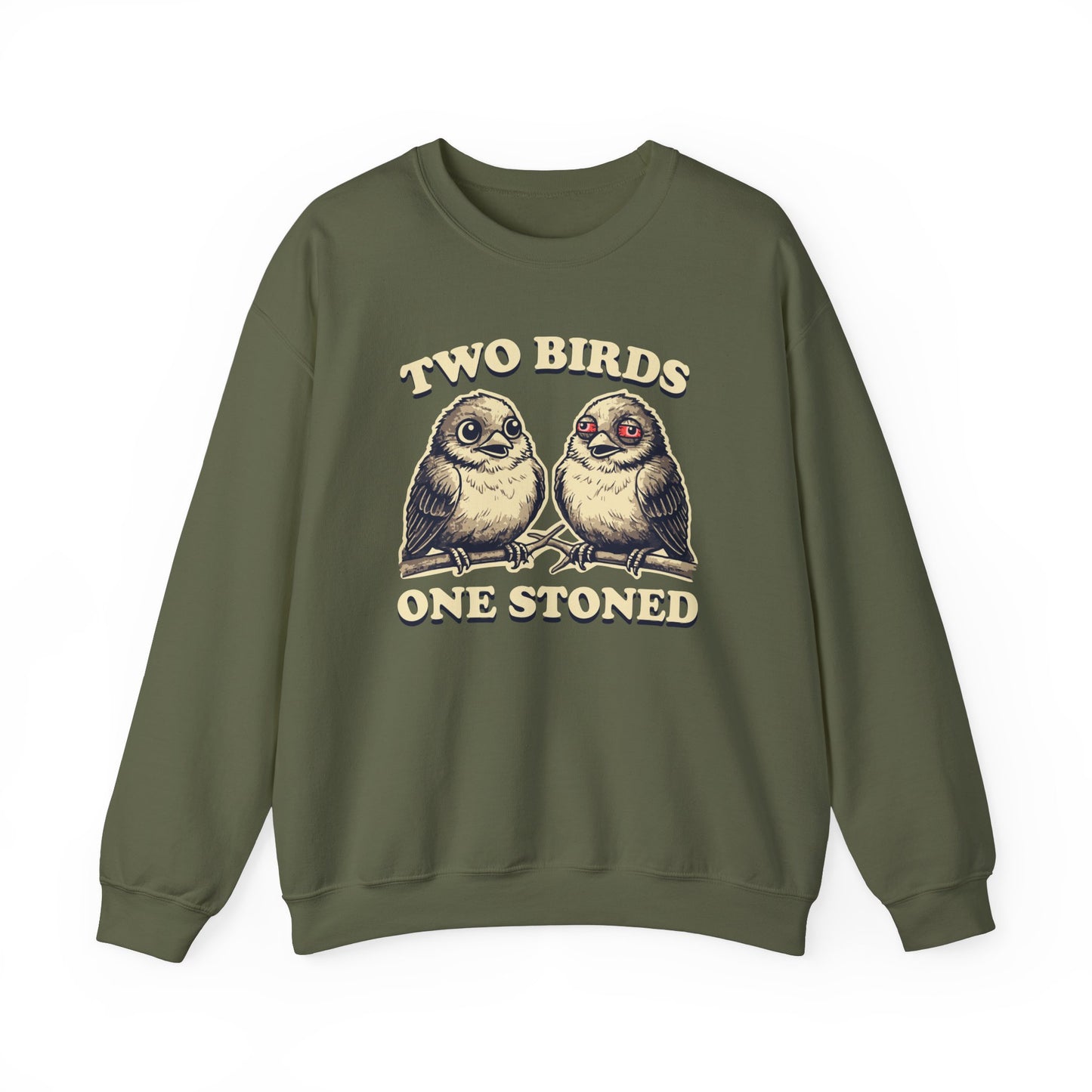 Funny Two Birds, One Stoned Crewneck - Cozy Stoner Humor Sweatshirt - Hilarious Bird Graphic - Comfy Smoker's Apparel