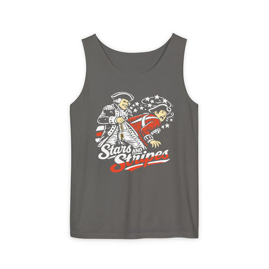 Front model shot of Stars and Stripes Wedgie Tank in red, white and blue