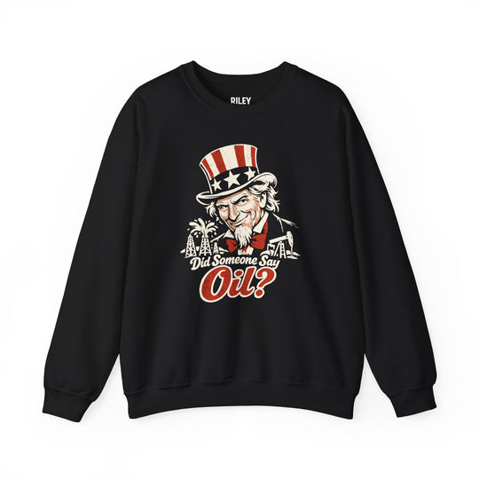 Front view of Did Someone Say Oil Crewneck worn by model