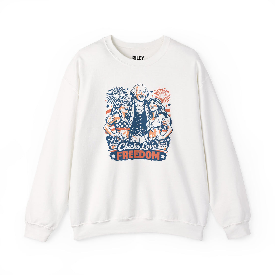 Front view of Chicks Love Freedom Crewneck worn by model