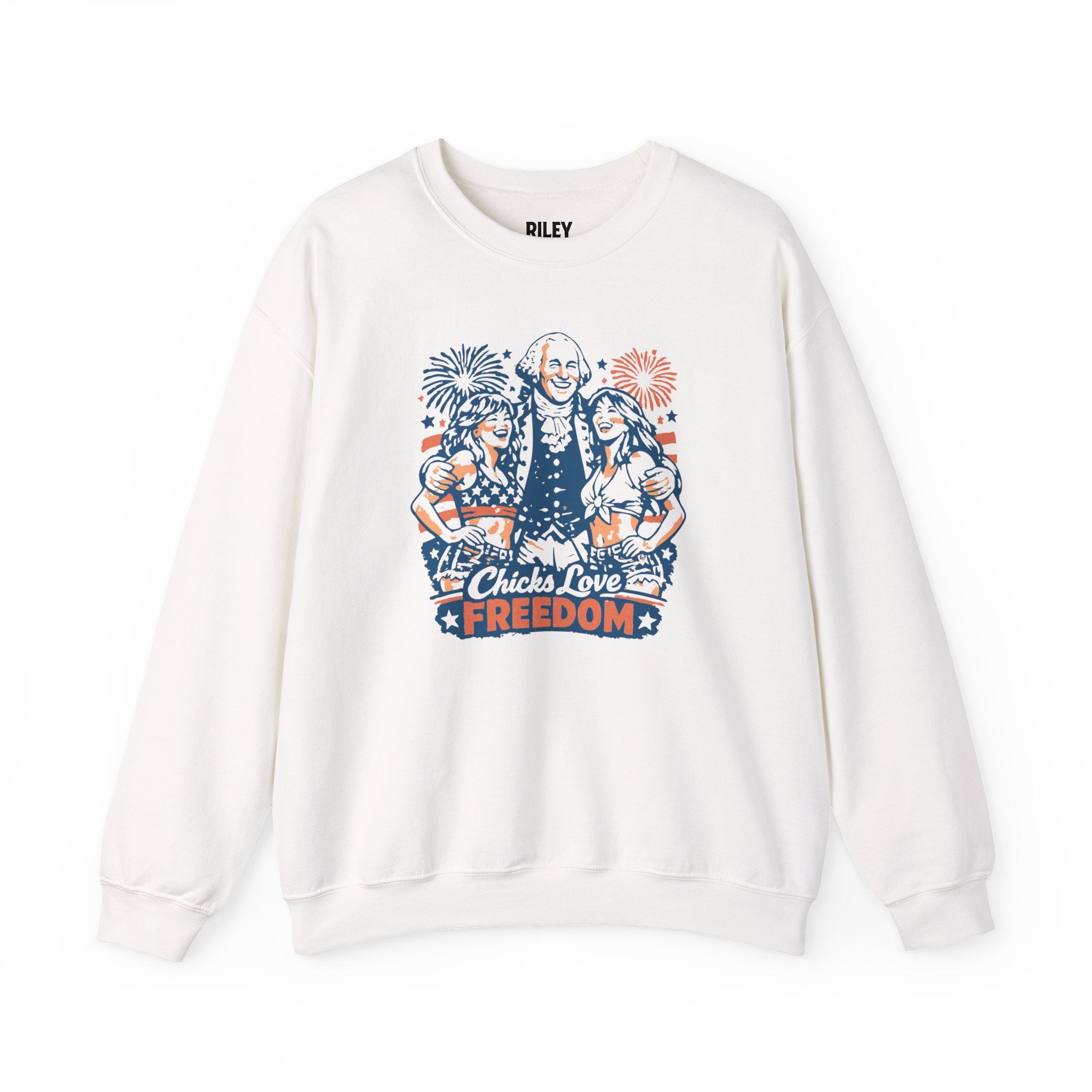 Front view of Chicks Love Freedom Crewneck worn by model