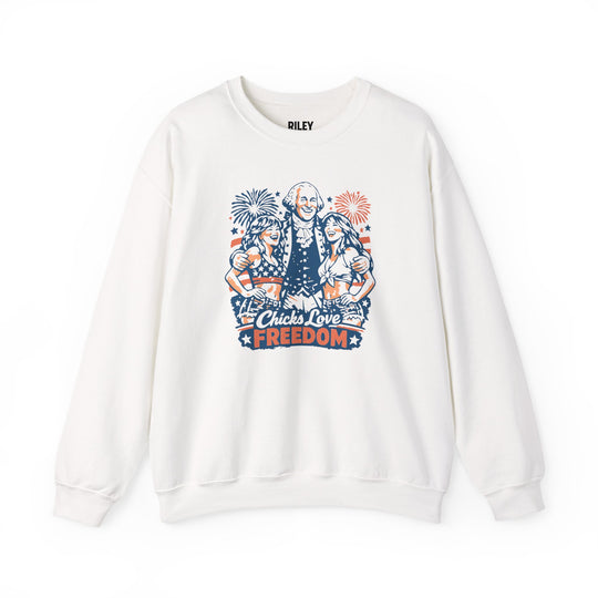Front view of Chicks Love Freedom Crewneck worn by model