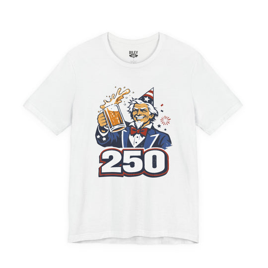 Uncle Sam 250th Birthday Cheers Tee front view on model