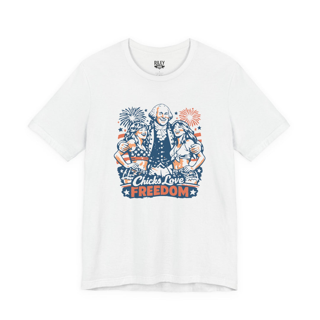 Front view of Chicks Love Freedom Tee worn by model