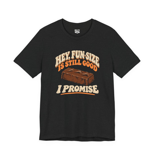 Front view of Fun Size is Still Good I Promise Tee in heather gray