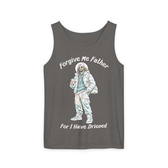 Front model shot of Forgive Me Father for I Have Dripped Tank in black