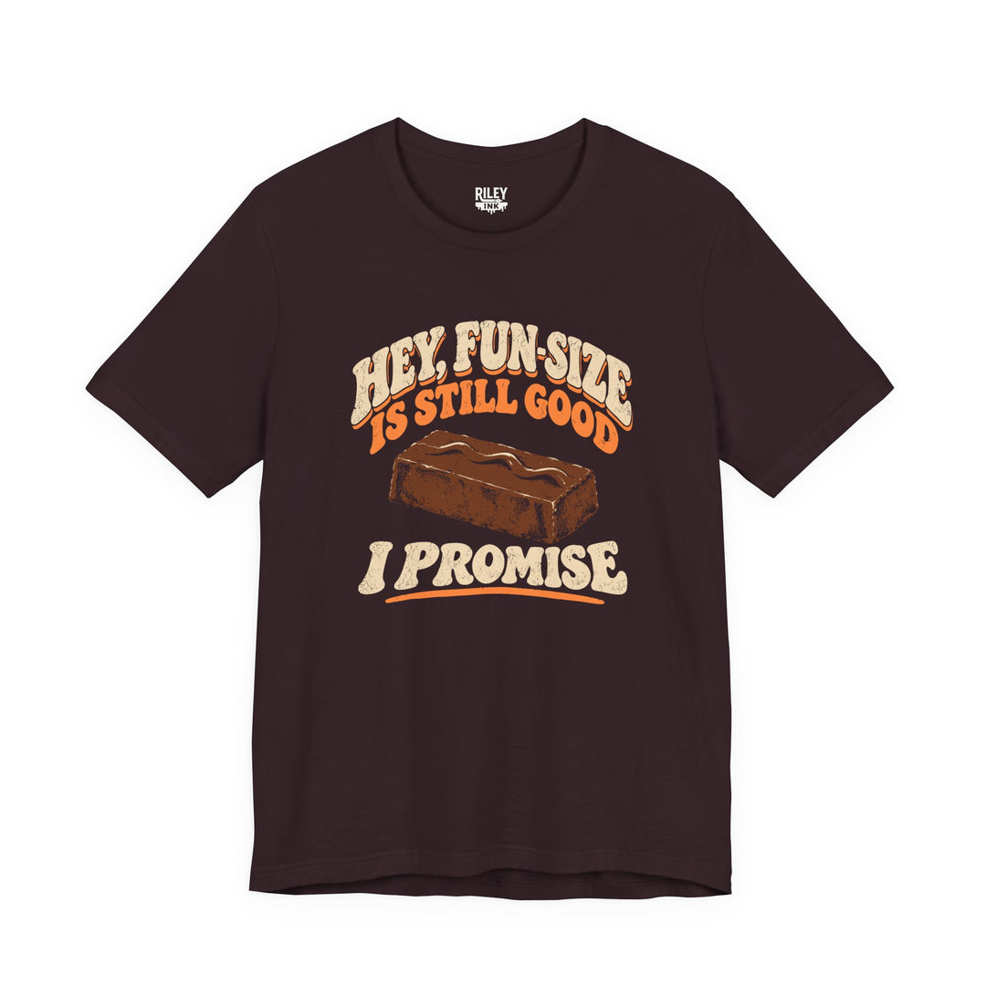 Front view of Fun Size is Still Good I Promise Tee in charcoal