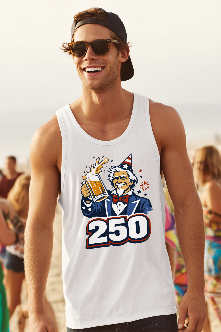 Lifestyle mockup of Uncle Sam 250th Birthday Cheers Tank