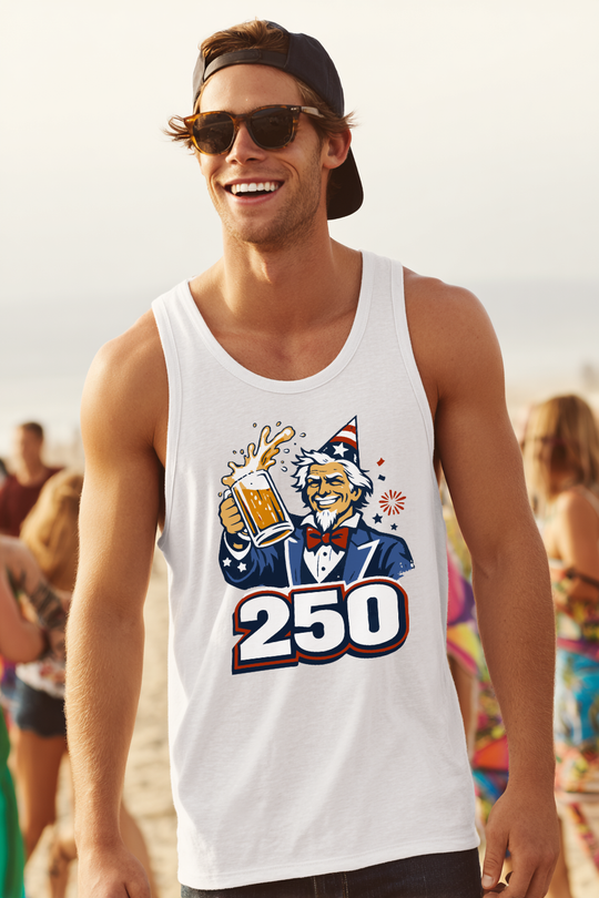 Lifestyle mockup of Uncle Sam 250th Birthday Cheers Tank