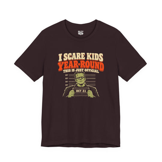 Front view of I Scare Kids Year Round Tee in charcoal
