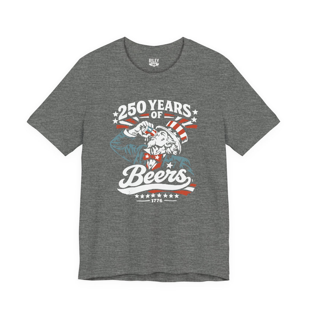 Front view of 250 Years of Beers Tee worn by model