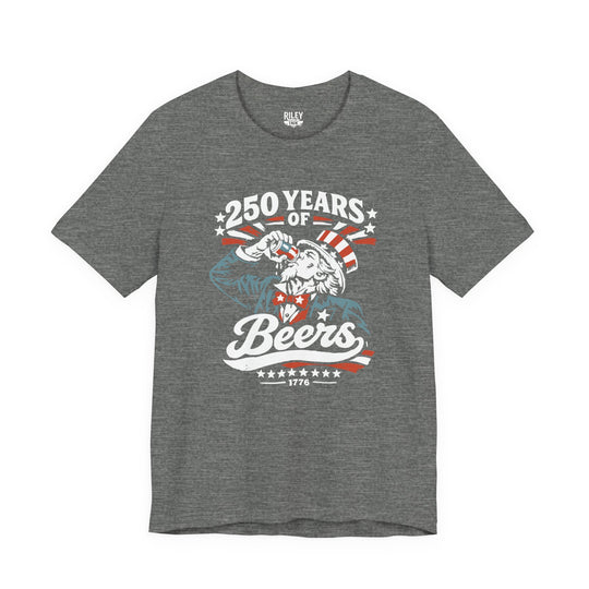 Front view of 250 Years of Beers Tee worn by model