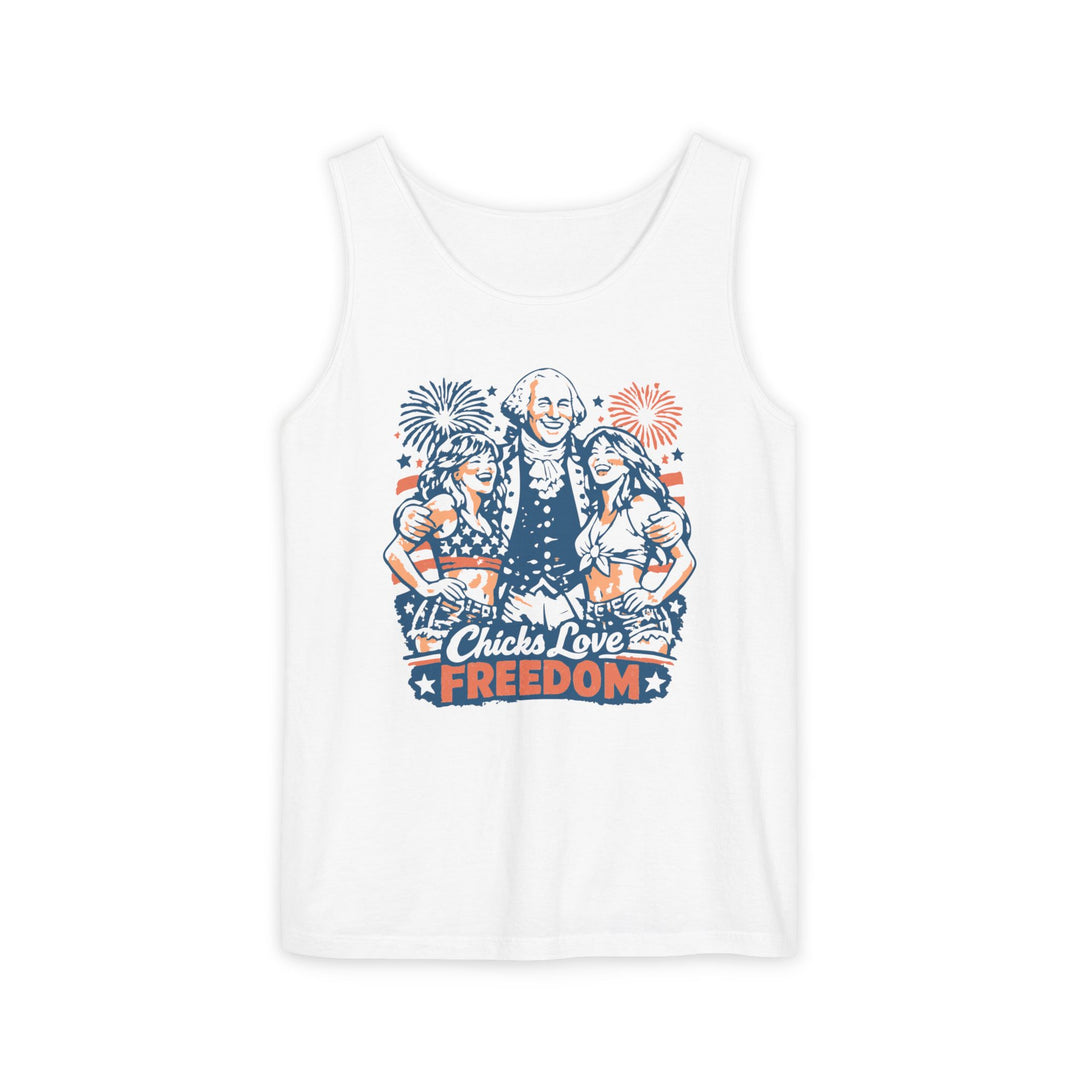 Front view of Chicks Love Freedom Tank worn by model