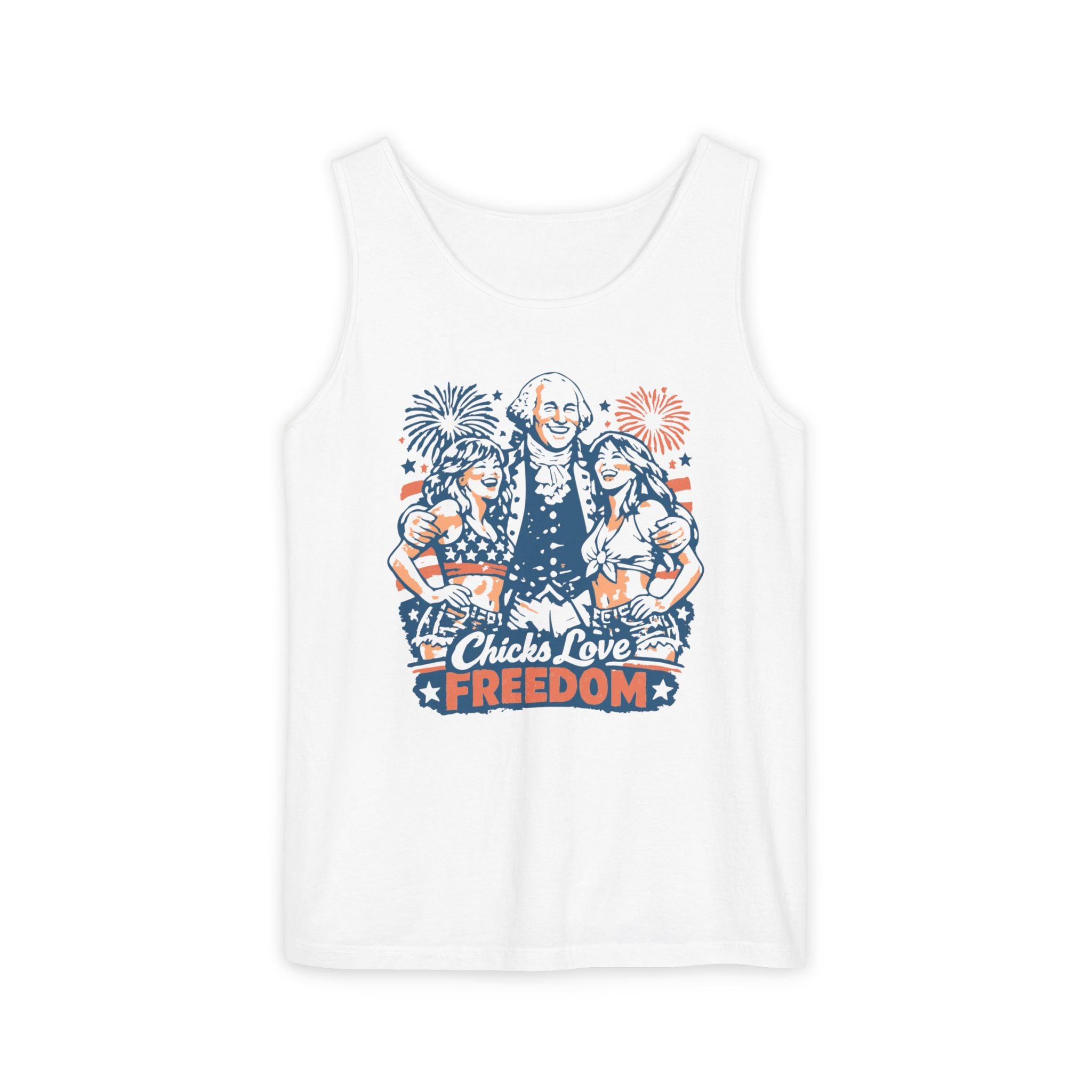 Front view of Chicks Love Freedom Tank worn by model
