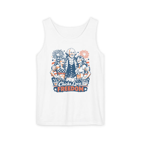Front view of Chicks Love Freedom Tank worn by model