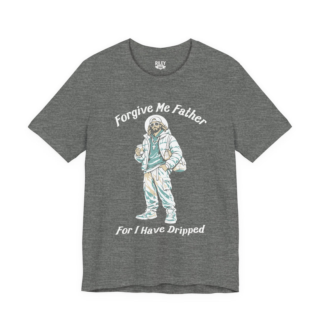 Front view of Forgive Me Father for I Have Dripped Tee worn by model