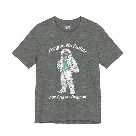 Front view of Forgive Me Father for I Have Dripped Tee worn by model