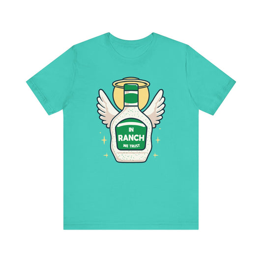 In Ranch We Trust - Funny T-Shirt - Ranch Bottle with Wings Graphic - Humorous Foodie T-Shirt - Ranch vs Blue Cheese Debate