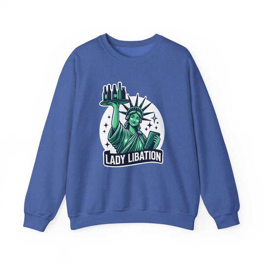 Lady Libation Crewneck - Fourth of July Party Sweatshirt- Patriotic Drink Server Top - Funny Independence Day Apparel - Funny Booze Top