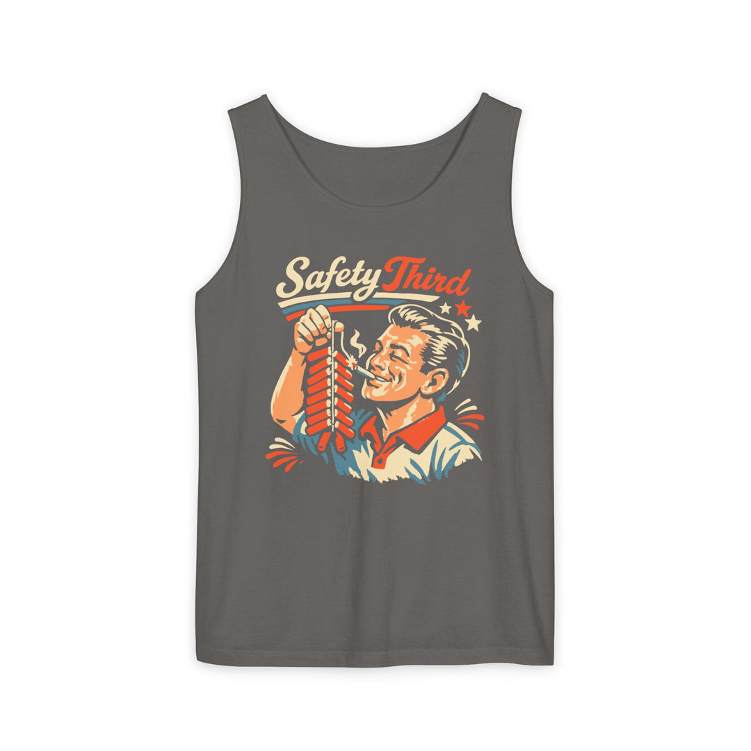 Front view of Safety Third Tank in black, featuring centered text graphic