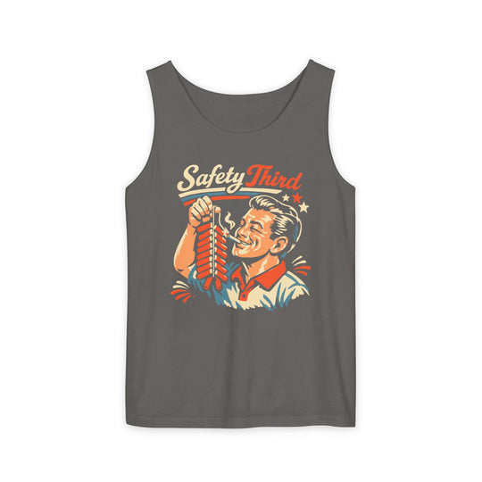 Front view of Safety Third Tank in black, featuring centered text graphic