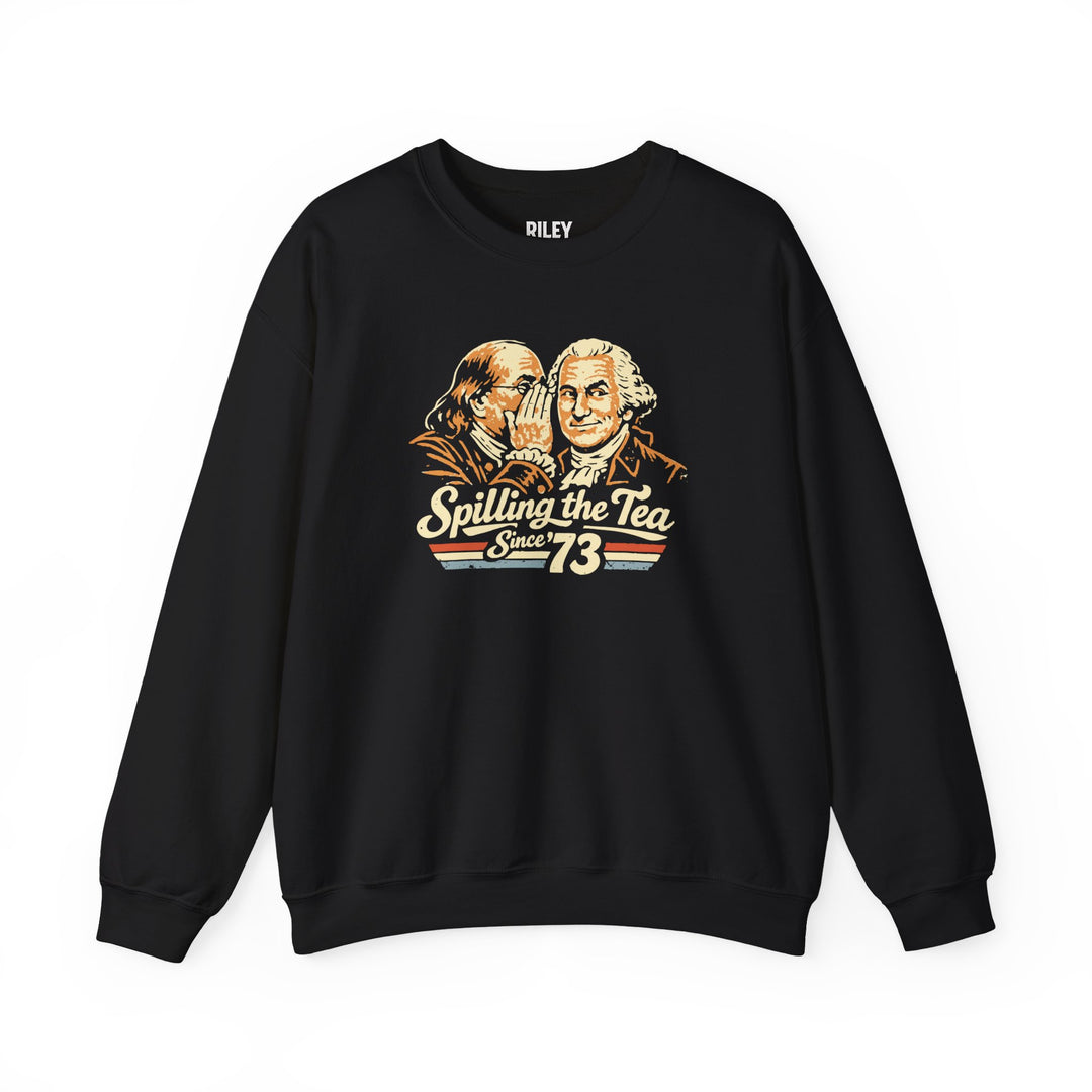 Front view of Spilling the Tea Since '73 Crewneck worn by model