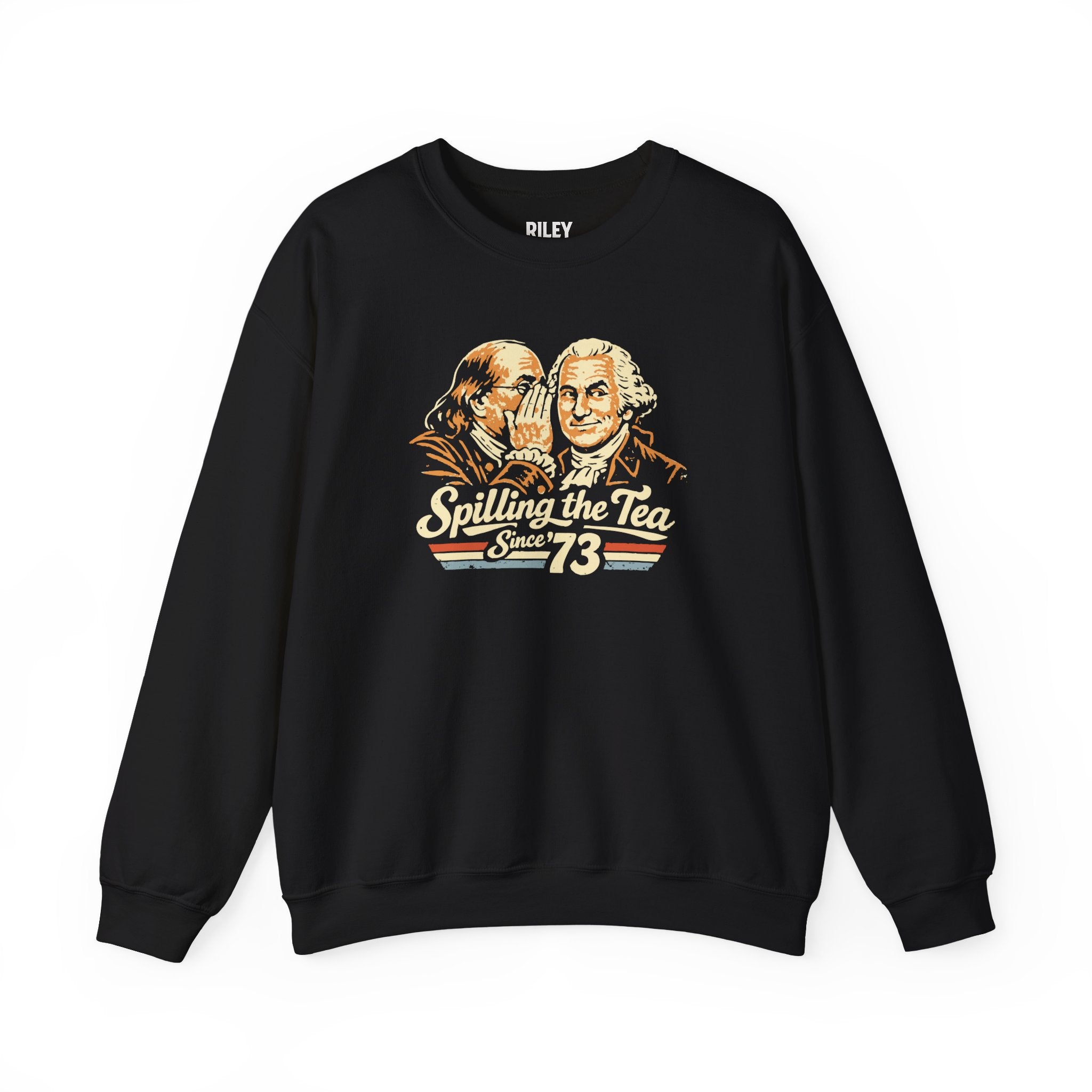 Front view of Spilling the Tea Since '73 Crewneck worn by model