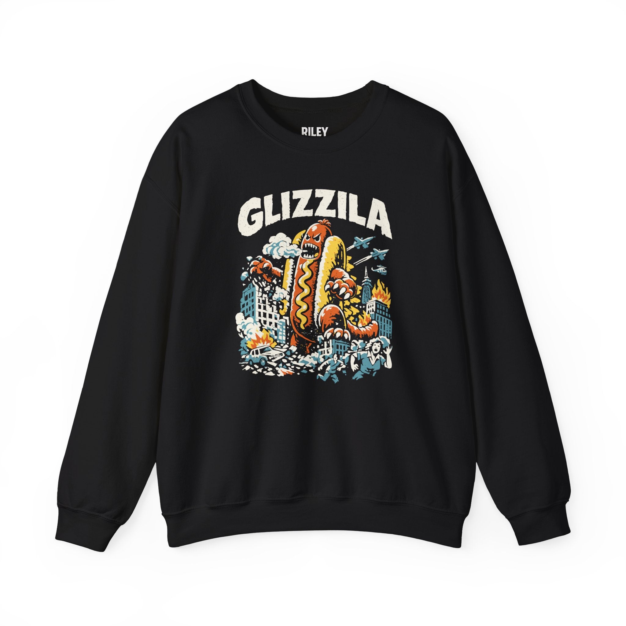 Glizzila Crewneck front view on model