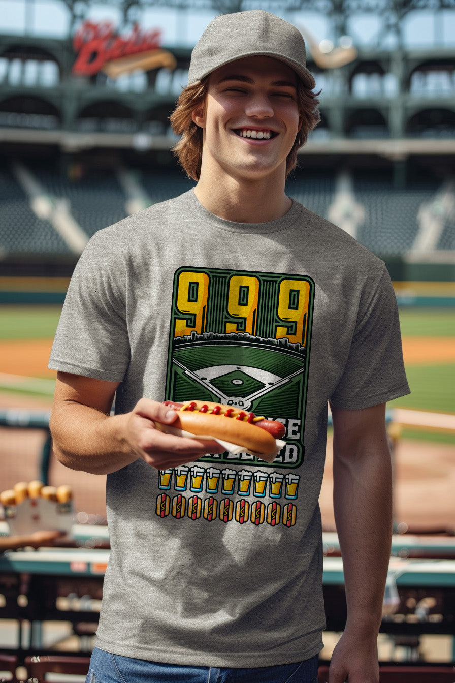 999 Challenge Completed Funny Graphic Tee - Nine Beers, Nine Hotdogs Over Nine Innings - Funny Baseball T-Shirt Stadium Feat