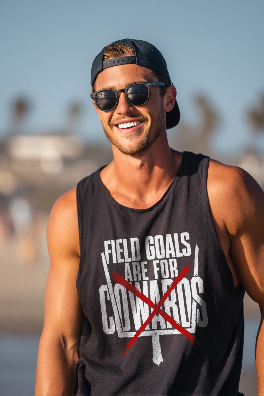 Lifestyle mockup of Field Goals are for Cowards Tank worn casually