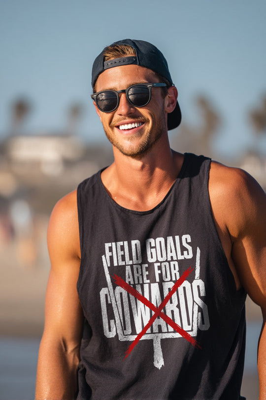 Lifestyle mockup of Field Goals are for Cowards Tank worn casually