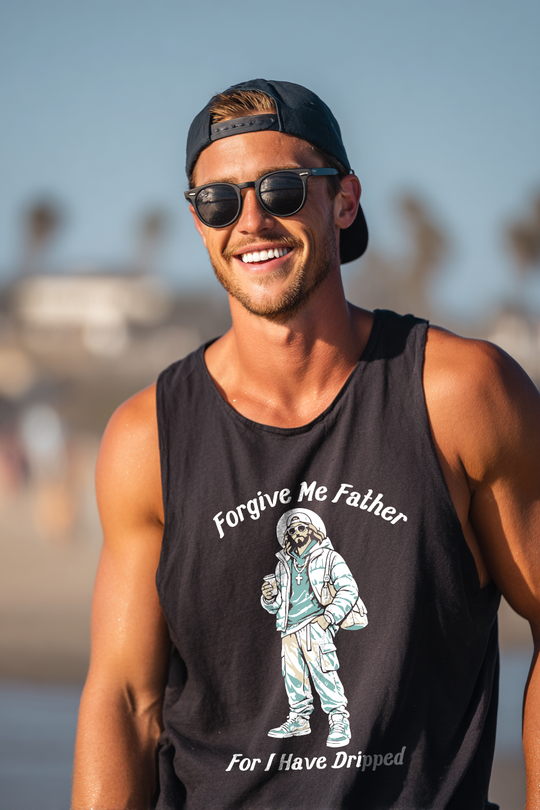 Lifestyle mockup of Forgive Me Father for I Have Dripped Tank worn by model