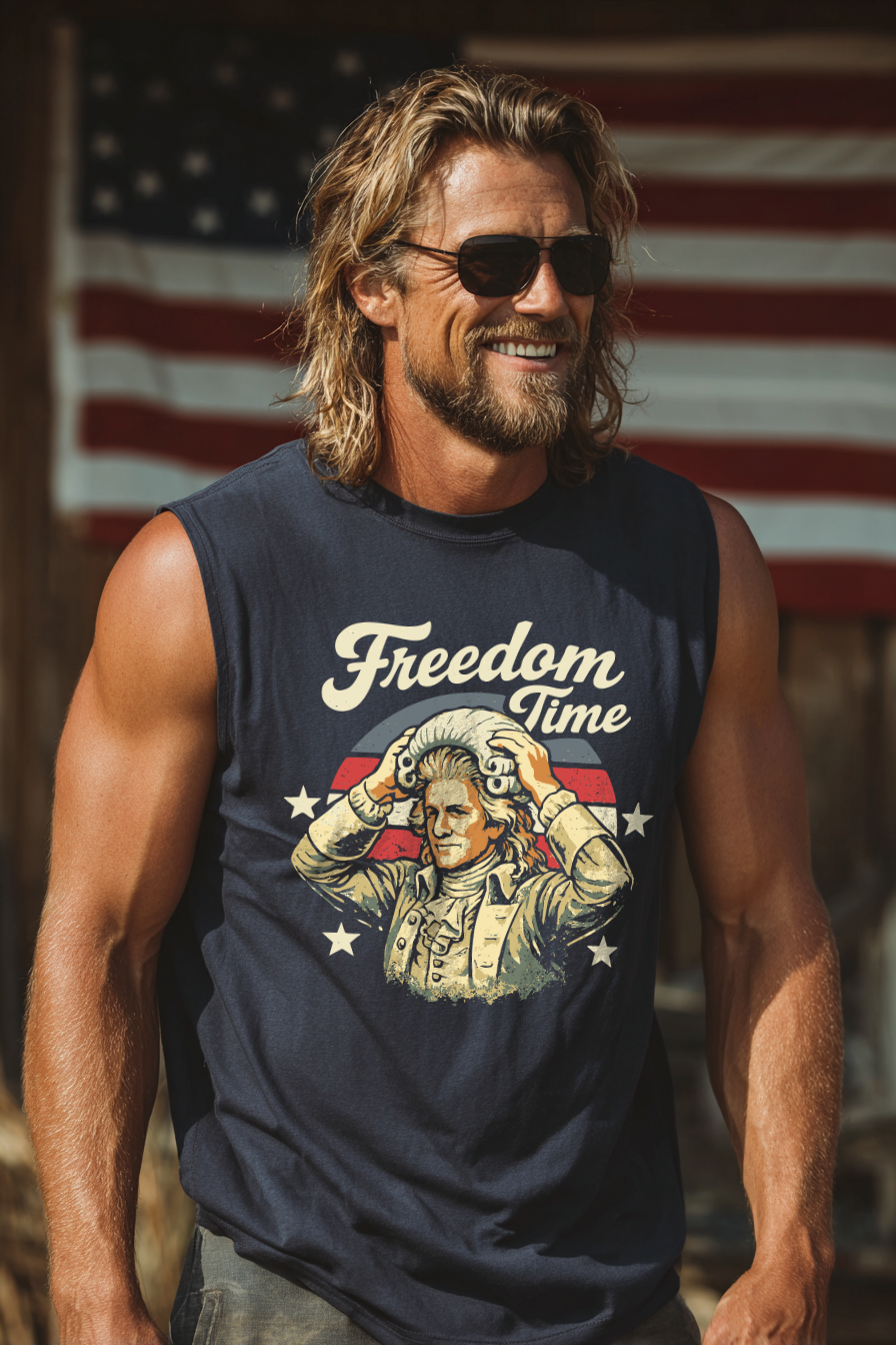 Lifestyle mockup of Freedom Time Tank displayed on white background