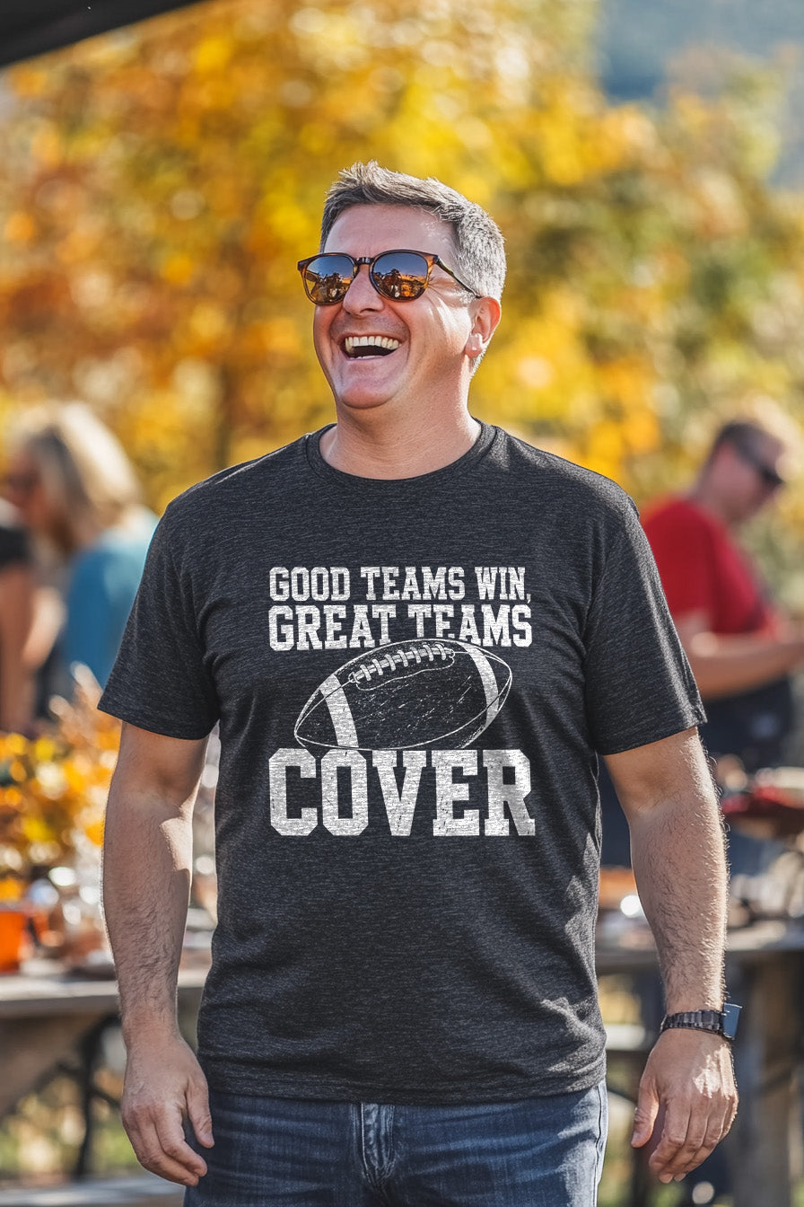 Lifestyle mockup of Good Teams Win Great Teams Cover Tee