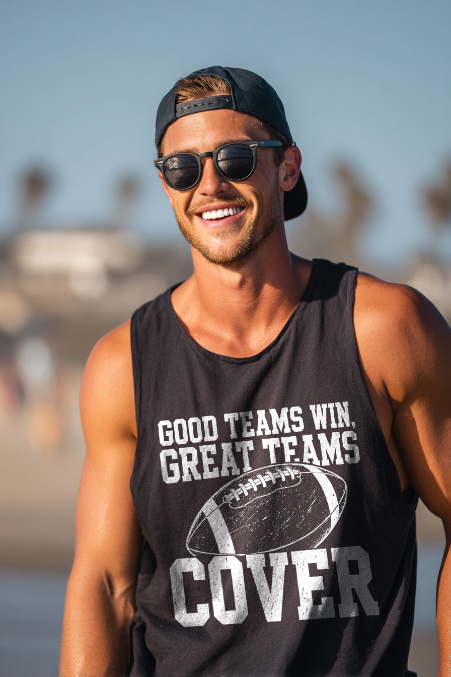Lifestyle mockup of Good Teams Win Great Teams Cover Tank