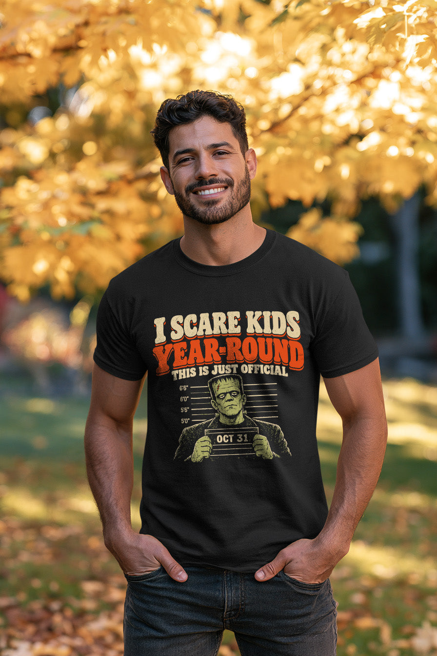 Lifestyle mockup of I Scare Kids Year Round Tee worn by model