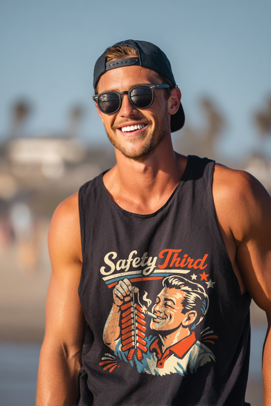 Model wearing Safety Third Tank in casual lifestyle setting