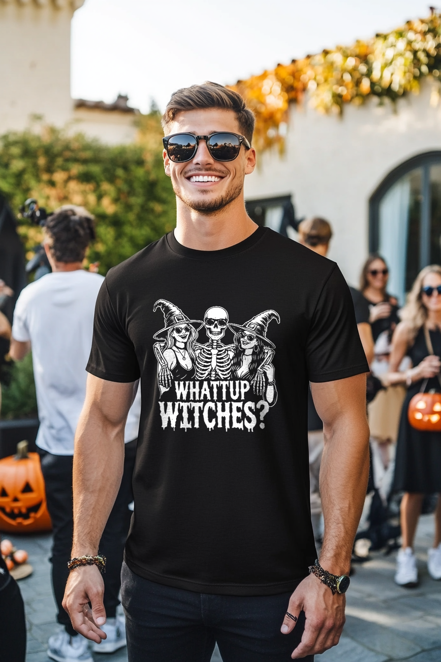 Whattup Witches Funny T-Shirt - Funny Halloween Party Shirt with Skeleton and Witches - Cool October Tee - Funny Halloween Party Tee