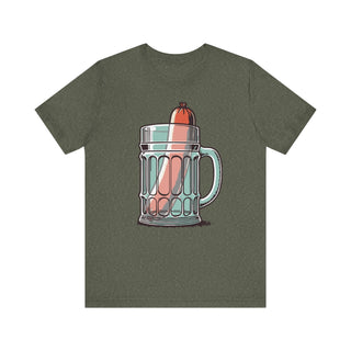 Pink sausage standing upright inside a mint-green beer stein