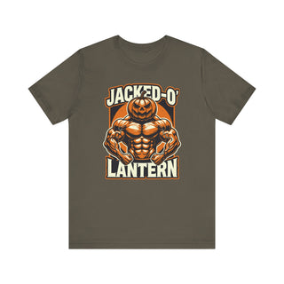 T-shirt design reading Jacked-O’-Lantern around a muscular flexing figure with a jack-o’-lantern head