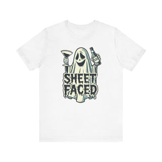 T-shirt design reading Sheet Faced beneath a cartoon sheet ghost holding a martini glass and liquor bottle